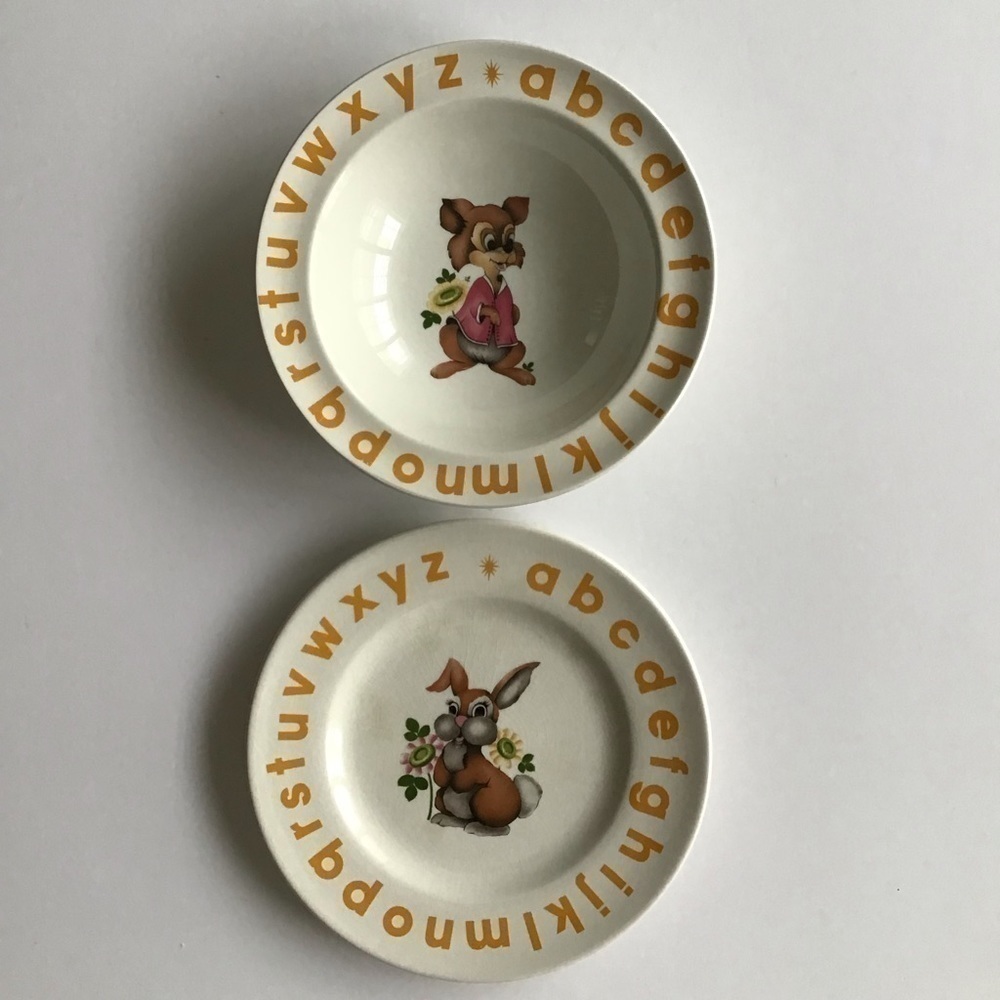 Child’s Alphabet Plate & Bowl England Woods & Sons Nursery Rhyme Bunny Vintage - Picture 12 of 16